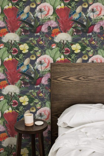 Farmhouse style bedroom decorated with Rich meadow peel and stick wallpaper