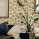 Scandinavian style living room decorated with Risograph effect peel and stick wallpaper
