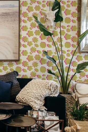 Scandinavian style living room decorated with Risograph effect peel and stick wallpaper