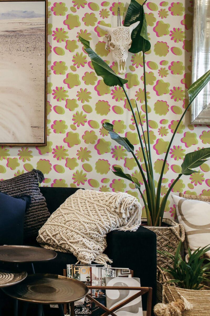 Scandinavian style living room decorated with Risograph effect peel and stick wallpaper