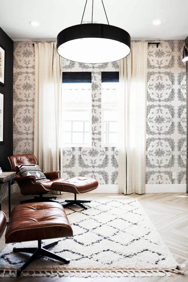 MId-century modern style living room decorated with Rose ornament peel and stick wallpaper
