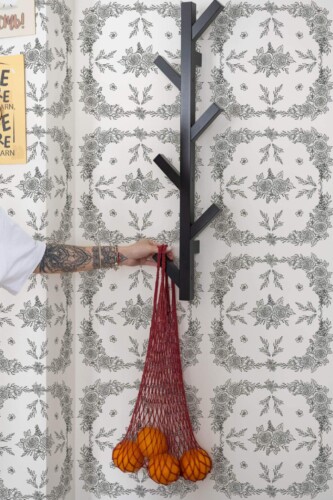 Scandinavian style kitchen decorated with Rose ornament peel and stick wallpaper