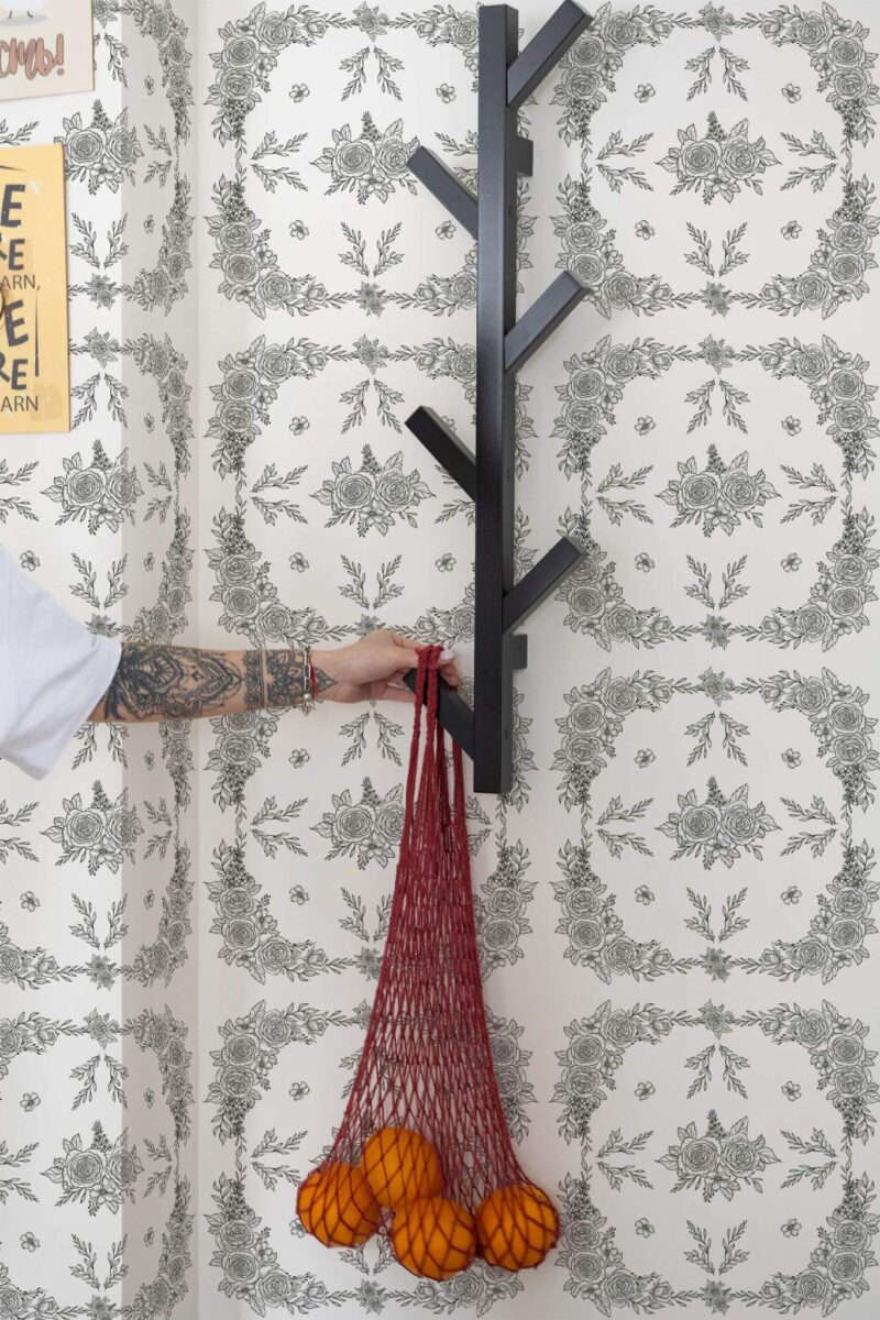 Scandinavian style kitchen decorated with Rose ornament peel and stick wallpaper