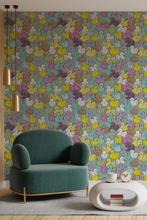 Contemporary style living room decorated with Rubber ducks peel and stick wallpaper