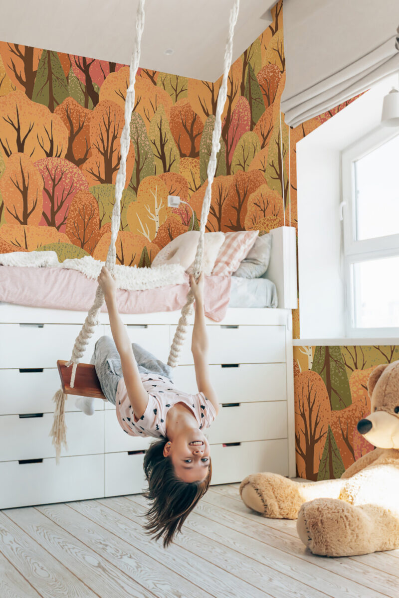 Autumn Wall Mural with bright orange and red forest trees fading seamlessly into white, perfect for kids’ rooms, play areas, or seasonal accent walls.