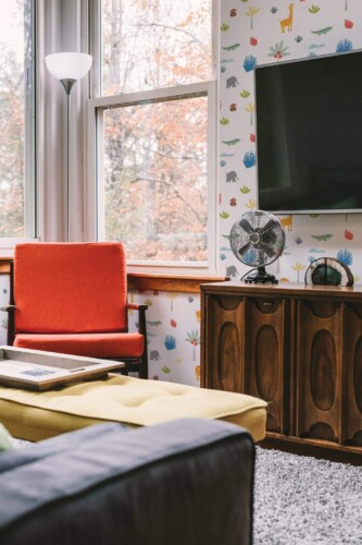 Rustic style living room decorated with Safari animals peel and stick wallpaper
