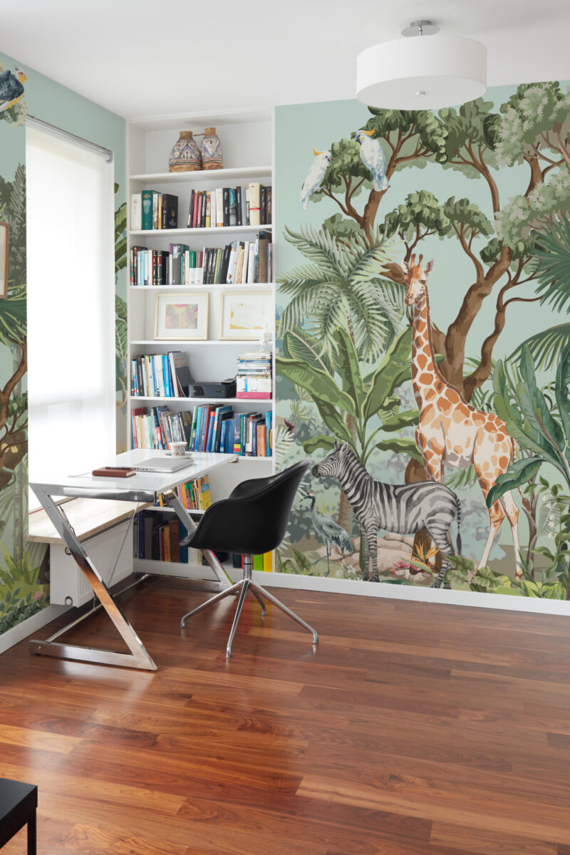 Safari Tropical Animals Wall Mural with lush green jungle plants and exotic wildlife, ideal for living rooms, offices, or adventurous home interiors.