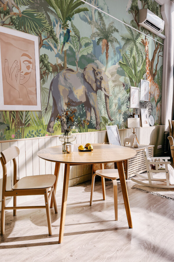 Fancy Walls peel and stick wall murals with tropical foliage and jungle animals in green tones
