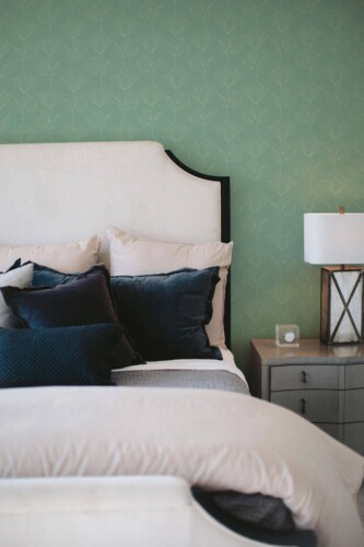 Shabby chic style bedroom decorated with Sage floral powder room peel and stick wallpaper