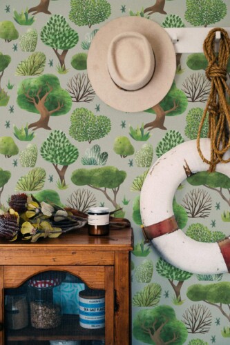 Coastal nautical style living room decorated with Sage forest peel and stick wallpaper