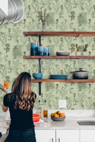 Fancy Walls self-adhesive wallpaper in sage green floral botanical design for kitchen walls