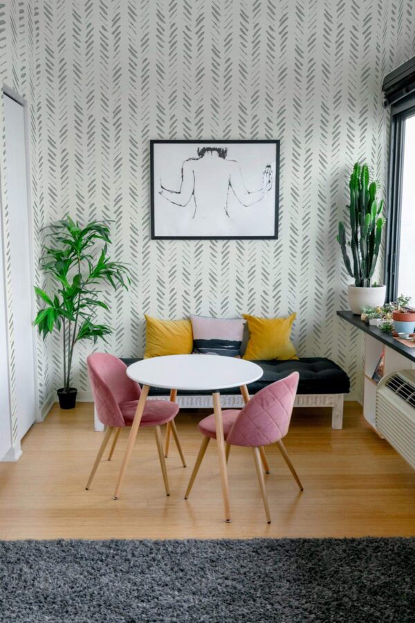 Eclectic style living room decorated with Sage green herringbone peel and stick wallpaper