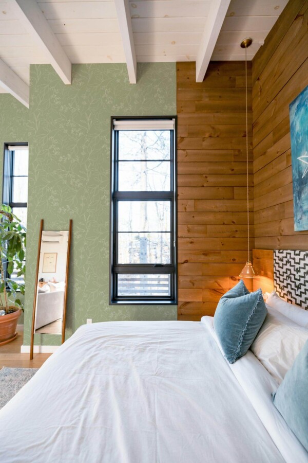 MId-century style bedroom decorated with Sage green leaf peel and stick wallpaper