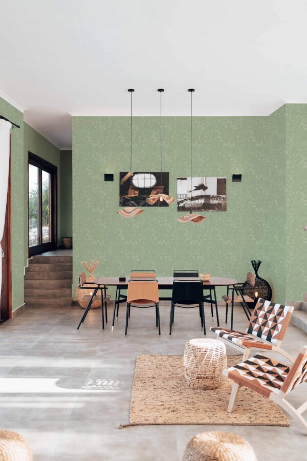 Modern boho style living dining room decorated with Sage green leaf peel and stick wallpaper