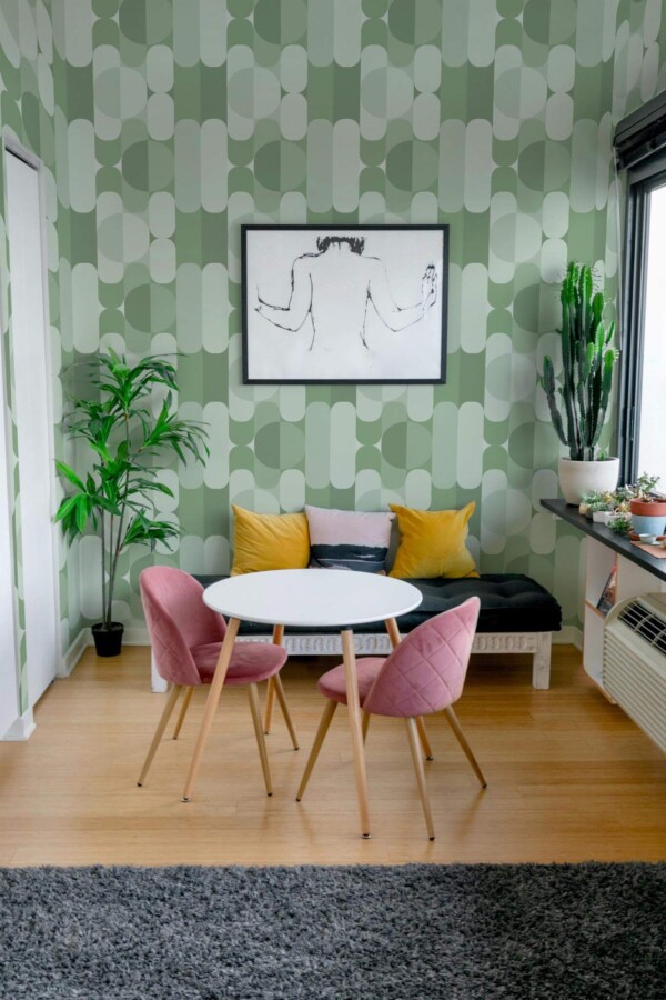Eclectic style living room decorated with Sage green midcentury peel and stick wallpaper