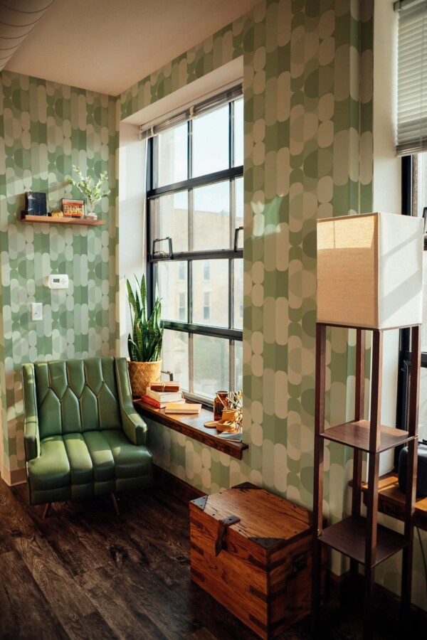 Mid-century style living room decorated with Sage green midcentury peel and stick wallpaper