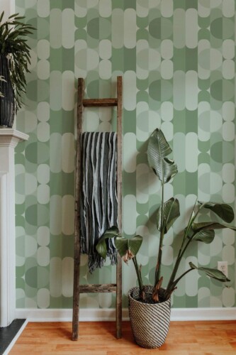Cozy interior space featuring sage green midcentury wallpaper with a bold geometric pattern of rounded shapes in varying green tones. The wallpaper adds retro rhythm and visual interest to the wall behind a rustic wooden ladder holding a striped textile. A woven basket planter with large tropical leaves and light wood flooring complement the soft green palette, creating a warm and organic midcentury-modern living area.