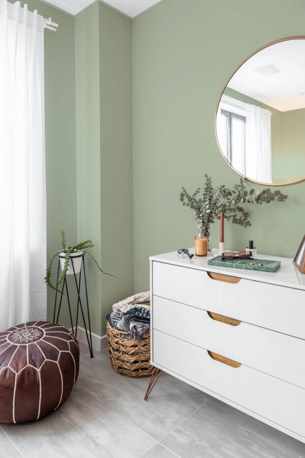 Scandinavian style bedroom decorated with Sage green tile peel and stick wallpaper and Mediterranean accents