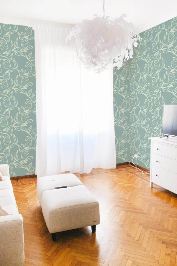 Modern boho style living room decorated with Sage leaves peel and stick wallpaper
