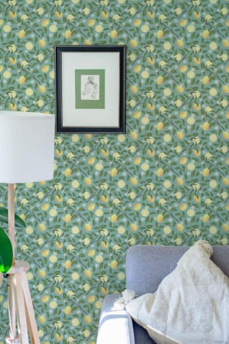 Eastern European style living room decorated with Sage lemon peel and stick wallpaper