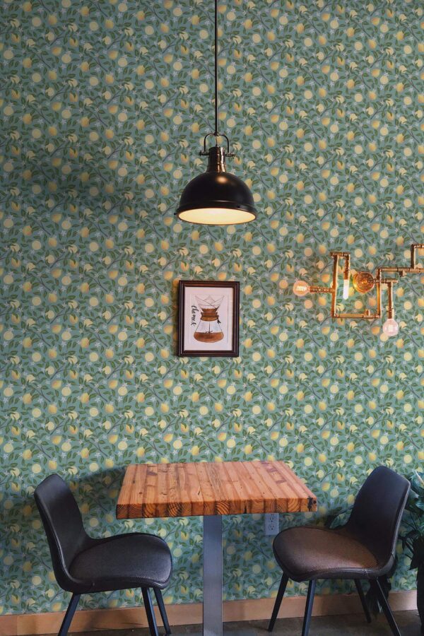 Rustic farmhouse style dining room decorated with Sage lemon peel and stick wallpaper
