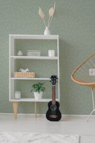 Minimal boho style living room decorated with Sage neutral stripes peel and stick wallpaper