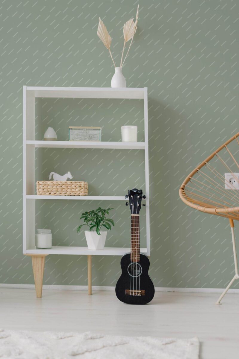 Minimal boho style living room decorated with Sage neutral stripes peel and stick wallpaper