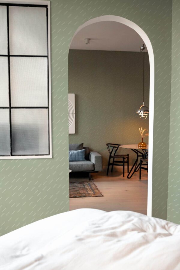 Modern scandinavian style living room decorated with Sage neutral stripes peel and stick wallpaper