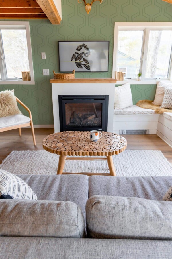 Farmhouse boho style living room decorated with Sage rectangular geometric peel and stick wallpaper