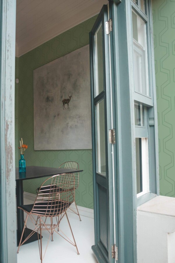 Minimal coastal style cafe decorated with Sage rectangular geometric peel and stick wallpaper