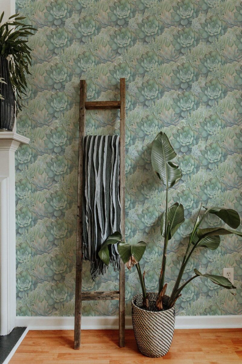 Scandinavian style living room decorated with Sage succulent peel and stick wallpaper