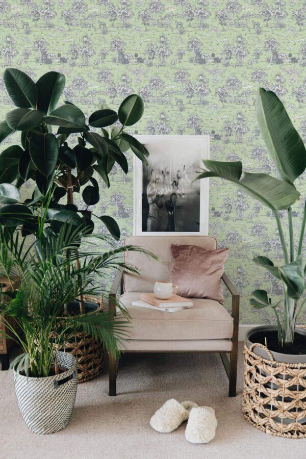Modern boho style living room decorated with Sage toile peel and stick wallpaper