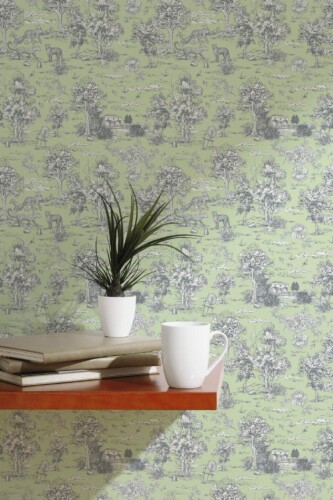 Scandinavian style accent wall decorated with Sage toile peel and stick wallpaper