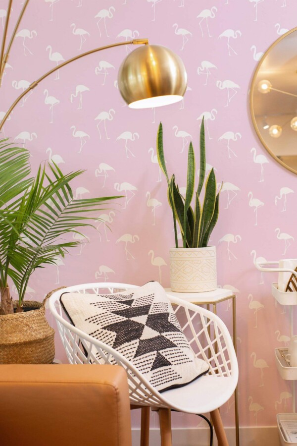 Boho style beauty salon decorated with Salon flamingo peel and stick wallpaper