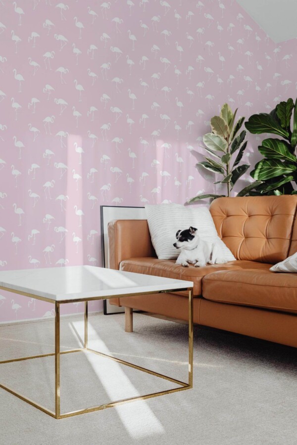 Mid-century modern style living room with dog on a sofa decorated with Salon flamingo peel and stick wallpaper