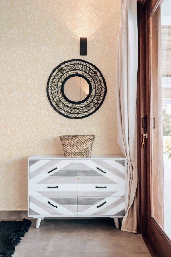 Modern farmhouse style living room decorated with Sand color leaf peel and stick wallpaper