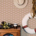 Coastal nautical style living room decorated with Sand geometric retro peel and stick wallpaper