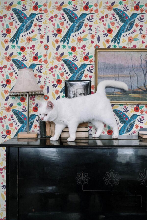 Industrial style music room decorated with Scandinavian birds peel and stick wallpaper