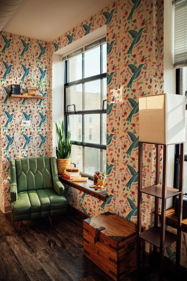 Mid-century style living room decorated with Scandinavian birds peel and stick wallpaper