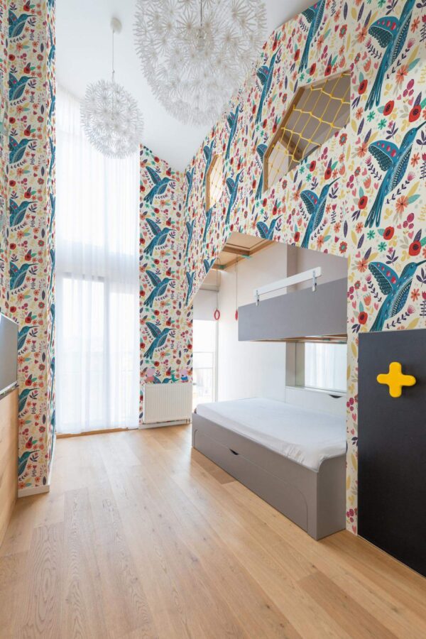Modern style kids room decorated with Scandinavian birds peel and stick wallpaper