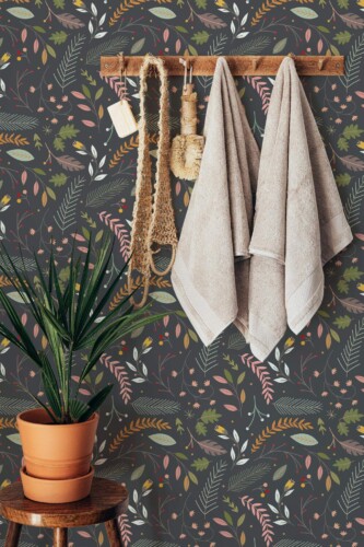 Boho style bathroom decorated with Scandinavian christmas peel and stick wallpaper