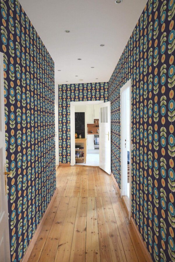 Minimal farmhouse style hallway decorated with Scandinavian floral peel and stick wallpaper