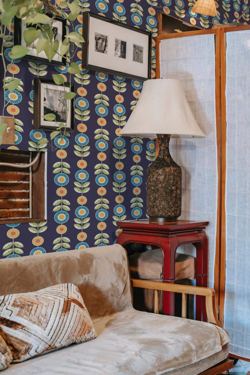 Southwestern style living room decorated with Scandinavian floral peel and stick wallpaper