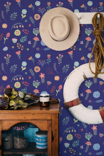 Coastal nautical style living room decorated with Scandinavian flowers peel and stick wallpaper