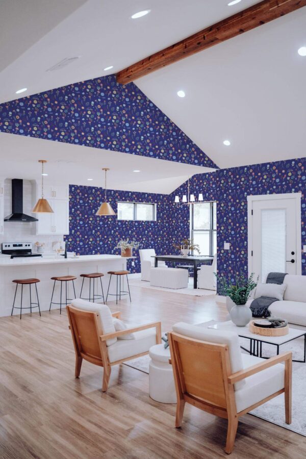 Contemporary style living room and kitchendecorated with Scandinavian flowers peel and stick wallpaper