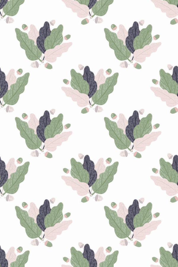 Pattern repeat of Scandinavian oak leaf removable wallpaper design
