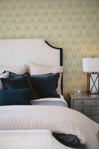 Shabby chic style bedroom decorated with Scandinavian tulip peel and stick wallpaper