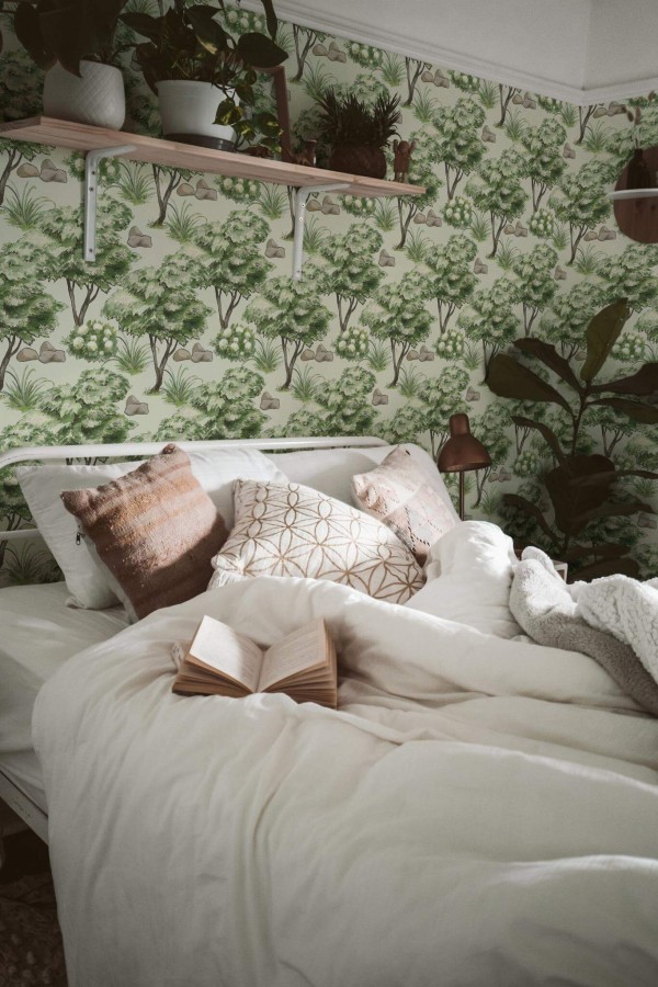 Boho style bedroom decorated with Scenic tree peel and stick wallpaper