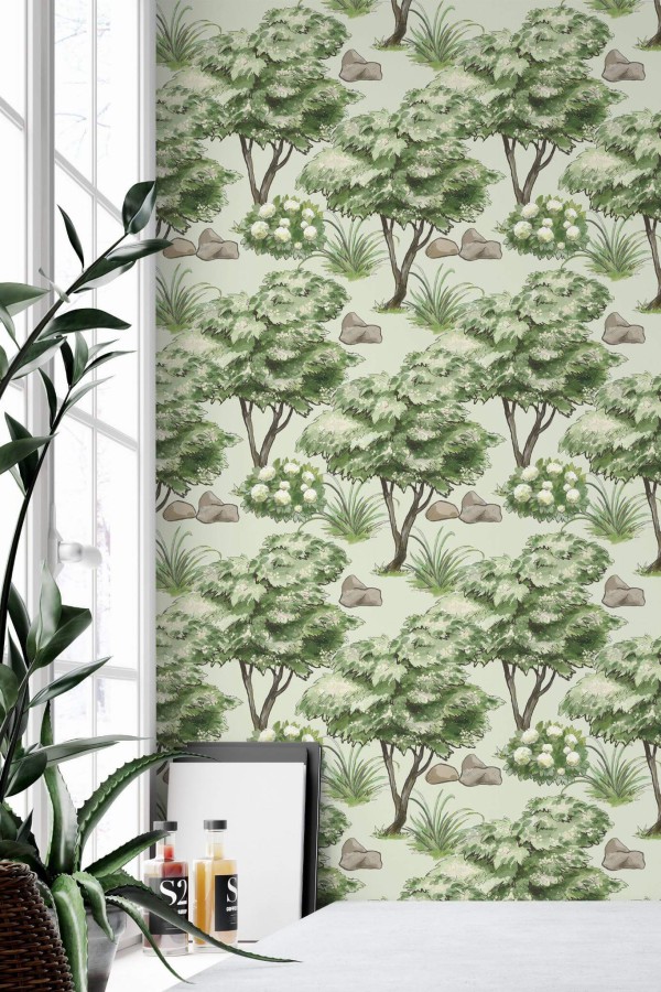 Minimal style home office decorated with Scenic tree peel and stick wallpaper