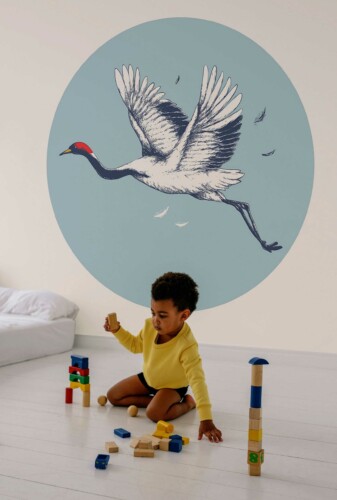 Vintage Crane peel and stick or non-pasted wall mural. Fancy Walls removable self-adhesive or traditional retro vintage bird eco-friendly and PVC-free nursery mural for walls.